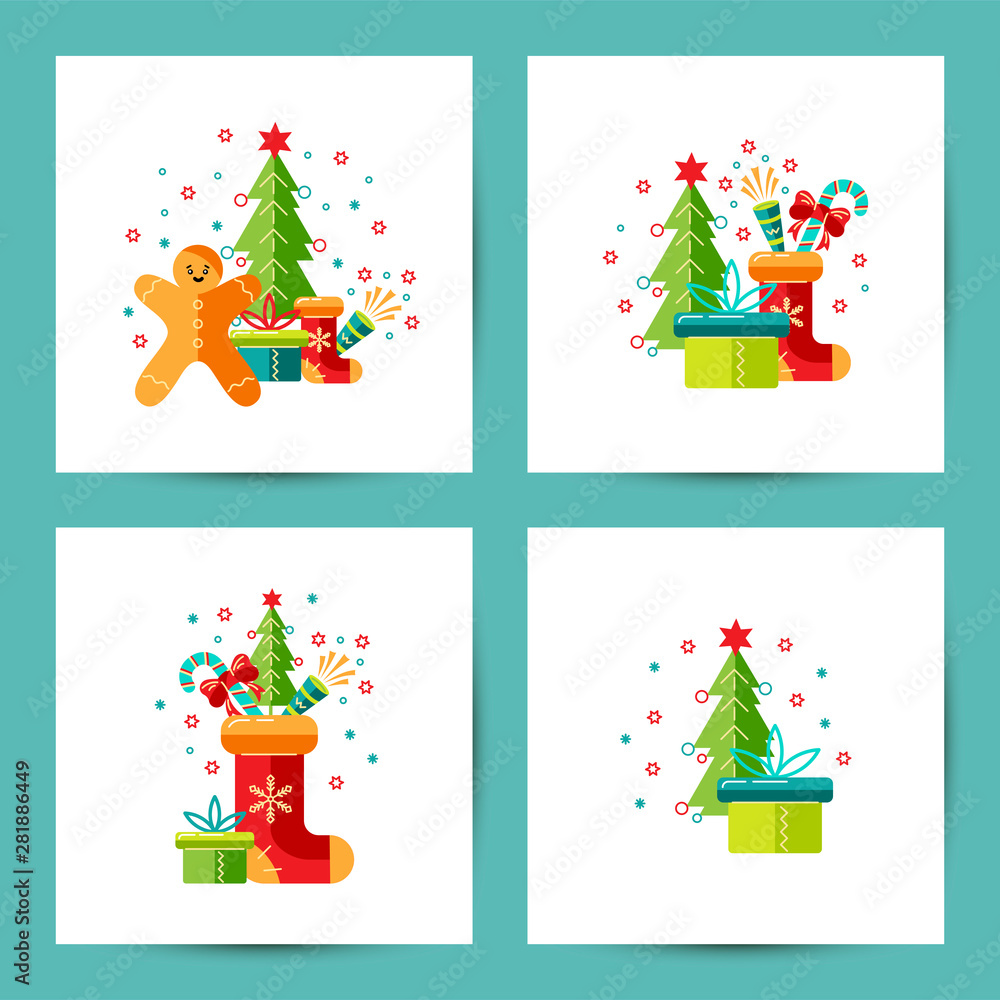 Merry Christmas and Happy New Year cards vector illustration set. Design element isolated on white background. Great for flyer, decoration, postcard, banner, poster. Flat and line style design.