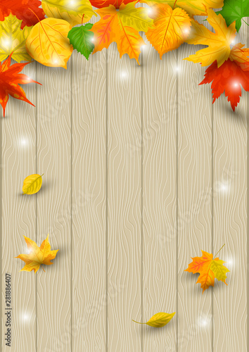 Autumn background with  falling leaves on wooden background. Place for text. Great for bridal shower  party invitation  seasonal sale  wedding  web  autumn festival. Vector illustration.