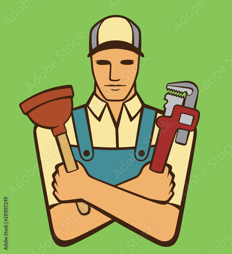 Plumber holding Plunger & Wrench