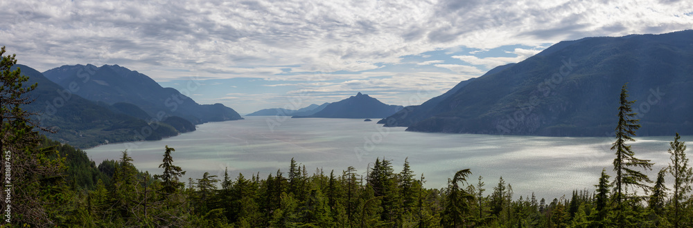 Beautiful Panoramic Canadian Landscape View during a cloudy summer day. Taken in Murrin Park near Squamish, North of Vancouver, BC, Canada.