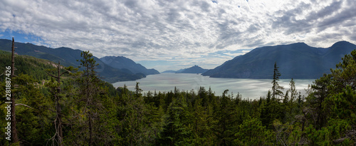 Beautiful Panoramic Canadian Landscape View during a cloudy summer day. Taken in Murrin Park near Squamish, North of Vancouver, BC, Canada. photo