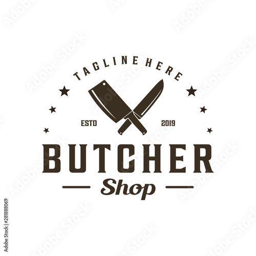 Butcher vintage logo with knife and cleaver silhouette