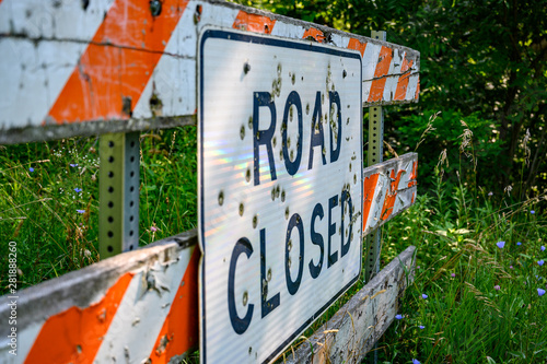 Canvas Print Buckshot road closed sign in front of a washed out bridge