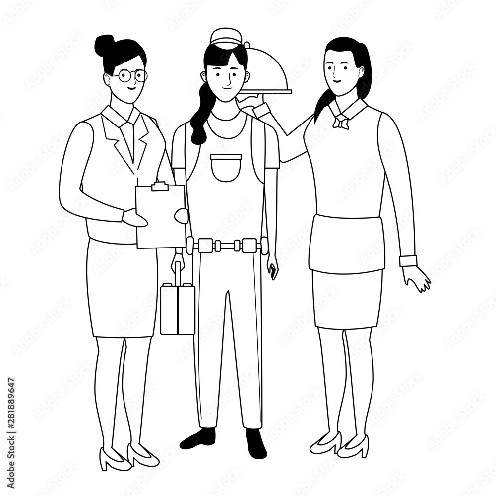 Professionals workers characters smiling cartoons in black and white Professionals workers characters smiling cartoons in black and white