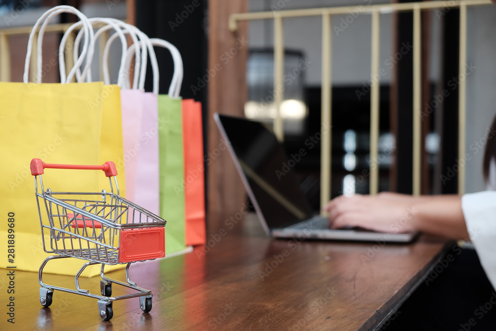 Woman shopping cart with Laptop for Internet online shopping concept. Woman shopping cart with Laptop for Internet online shopping concept.