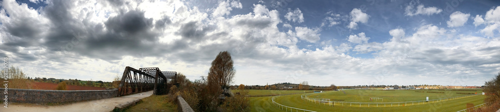 View from Greenway cycle route and footpath between River Avon and Stratford upon Avon racecourse, Warwickshire, England, UK View from Greenway cycle route and footpath between River Avon and Stratford upon Avon racecourse, Warwickshire, England, UK