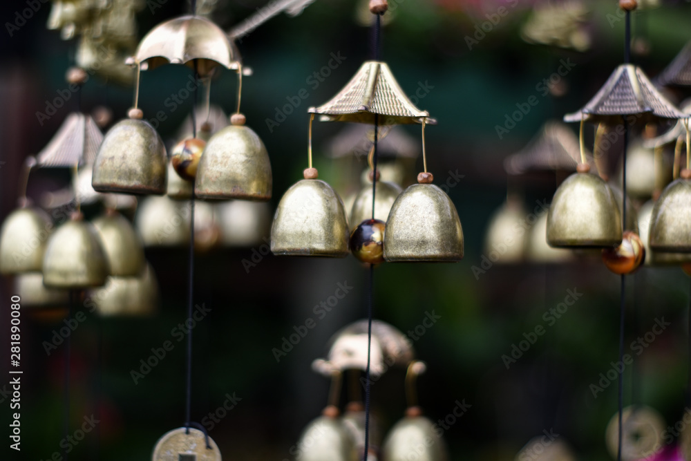 Close up view of golden christmas bells hanging as new year toys. Close up view of golden christmas bells hanging as new year toys.