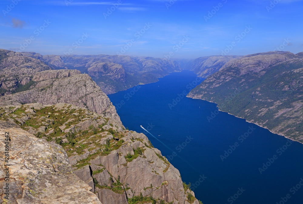 Lysefjord aerial panoramic view from the top of the Preikestolen cliff near Stavanger