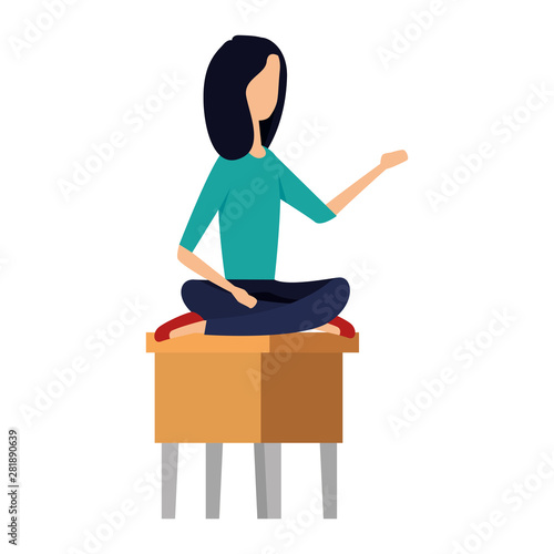 elegant businesswoman seated in bench with lotus position