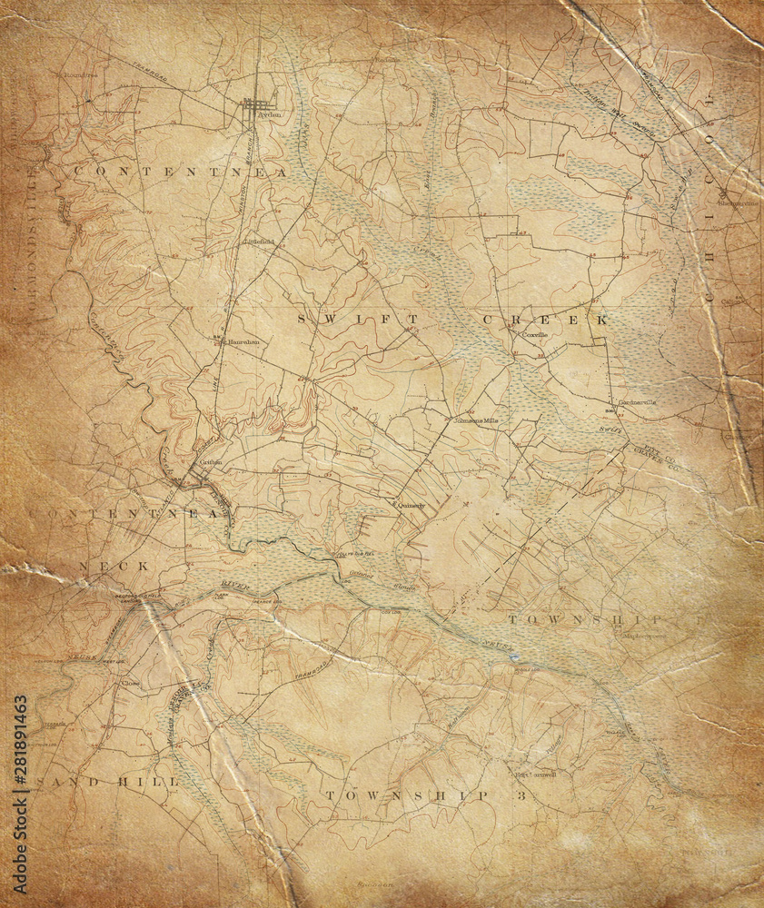 Topographic map. Aged paper effect. Old USA chart Topographic map. Aged paper effect. Old USA chart