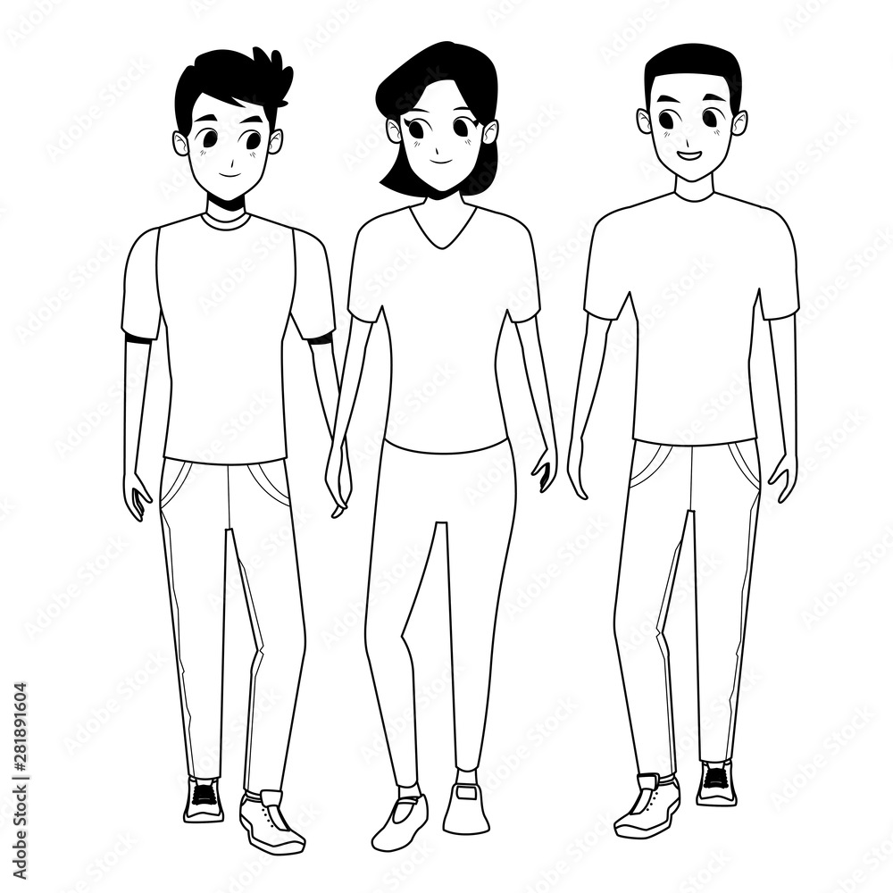 Young friends smiling with casual clothes cartoons in black and white Young friends smiling with casual clothes cartoons in black and white