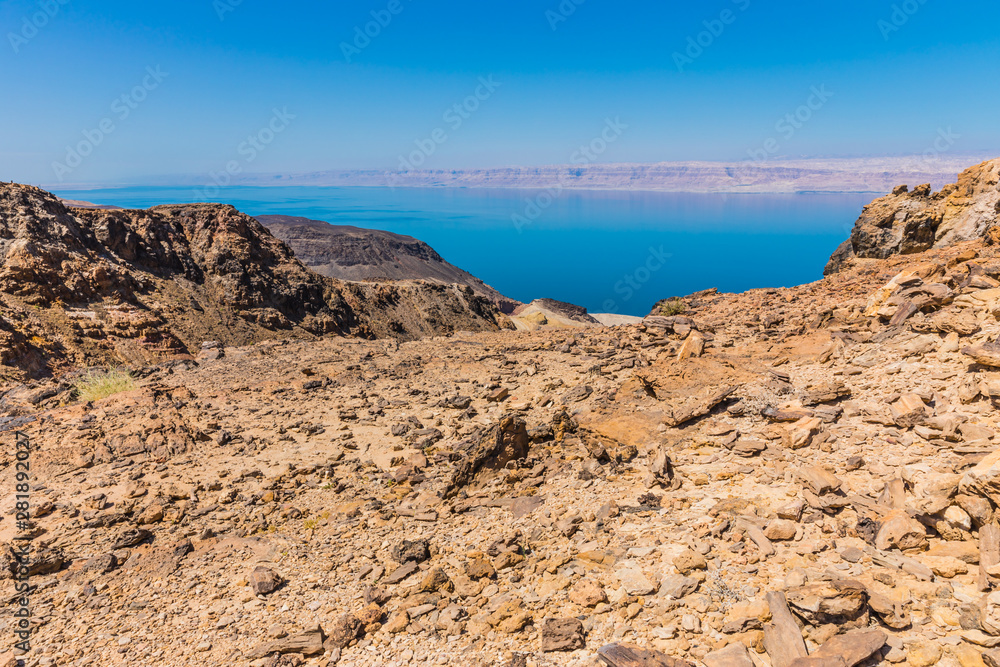 View from the Zara trail, near the Panorama Dead Sea Complex in Jordan. Zara Cliff Walk offers stunning views of the Dead Sea coast. View from the Zara trail, near the Panorama Dead Sea Complex in Jordan. Zara Cliff Walk offers stunning views of the Dead Sea coast.