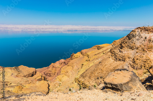 View from the Zara trail, near the Panorama Dead Sea Complex in Jordan. Zara Cliff Walk offers stunning views of the Dead Sea coast. © dadamira