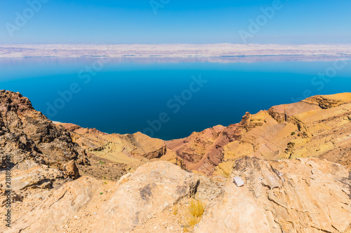 View from the Zara trail, near the Panorama Dead Sea Complex in Jordan. Zara Cliff Walk offers stunning views of the Dead Sea coast.
