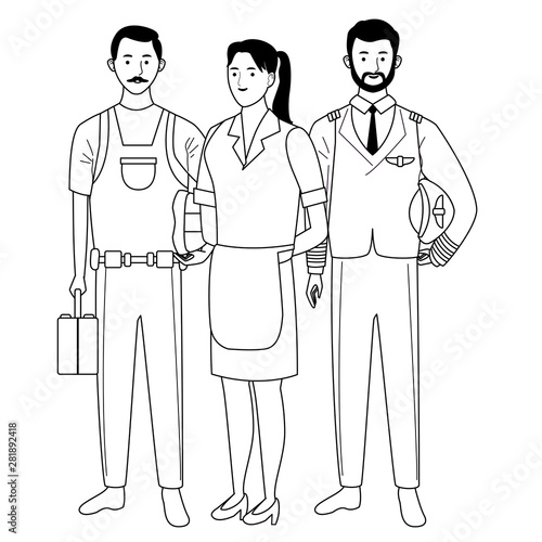 Professionals workers characters smiling cartoons in black and white