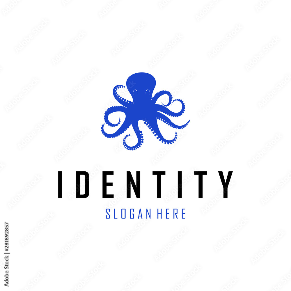 Template for logos, labels and emblems with white silhouette of octopus, Abstract octopus. Scuba diving logo