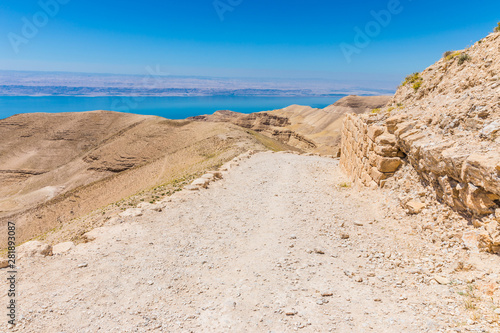 View from the way to the top of Machaerus near the Dead Sea in Jordan. It is the location of the imprisonment and execution of John the Baptist. 