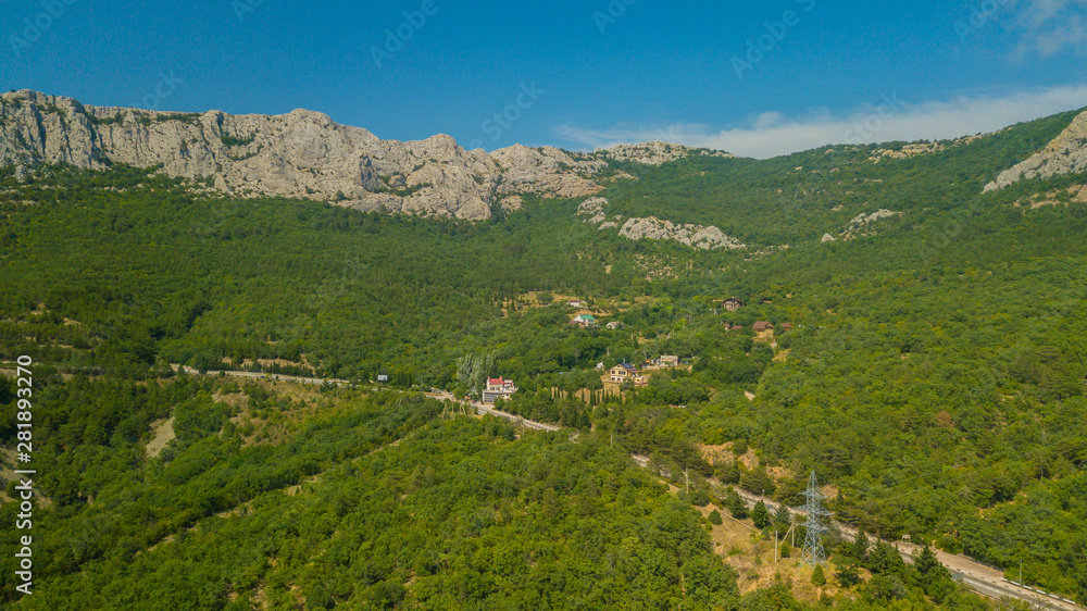 Crimea trip: view from drone of curvy mountain road