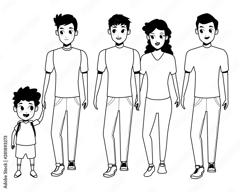 Family young parents with children cartoon in black and white Family young parents with children cartoon in black and white