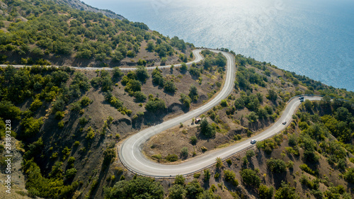 Crimea trip: view from drone of curvy mountain road