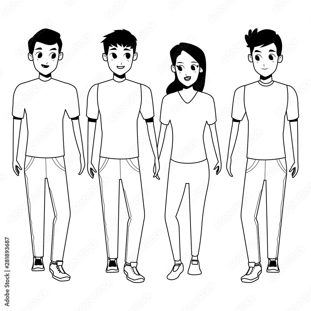 Young friends smiling with casual clothes cartoons in black and white Young friends smiling with casual clothes cartoons in black and white