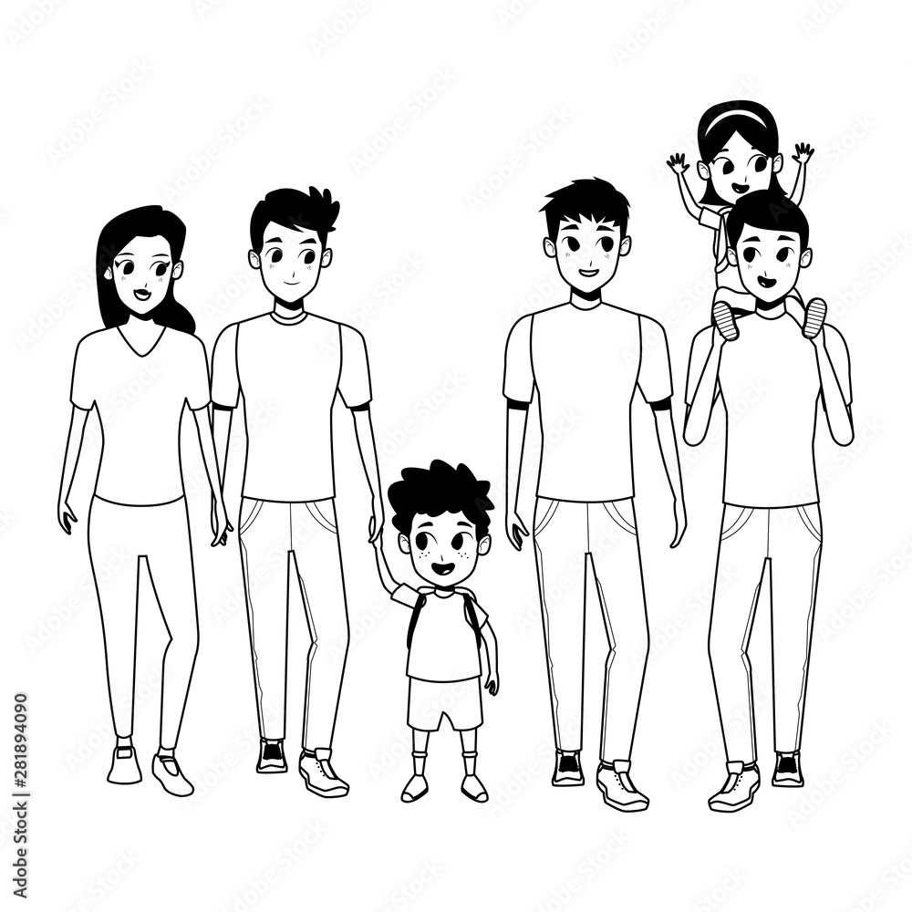 Family young parents with children cartoon in black and white Family young parents with children cartoon in black and white