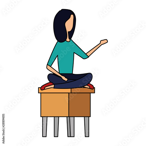 elegant businesswoman seated in bench with lotus position
