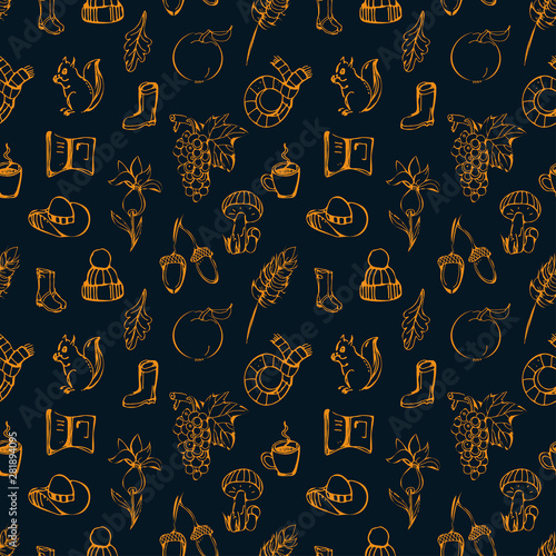 Autumn seamless pattern.Autumn line hand drawn background with different symbols related to fall.Hand drawn elements for fabrics, wallpaper.