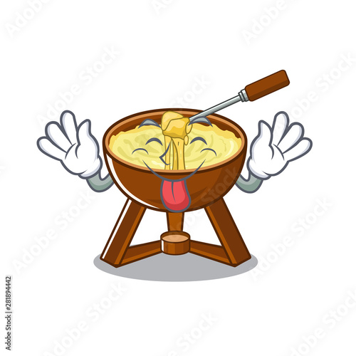 Tongue out fondue cheese in a cartoon plate