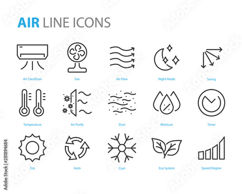 set of air icons, air condition, heater, dust, temperature, purify