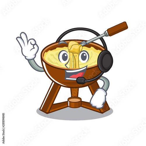 With headphone fondue cheese in a cartoon plate