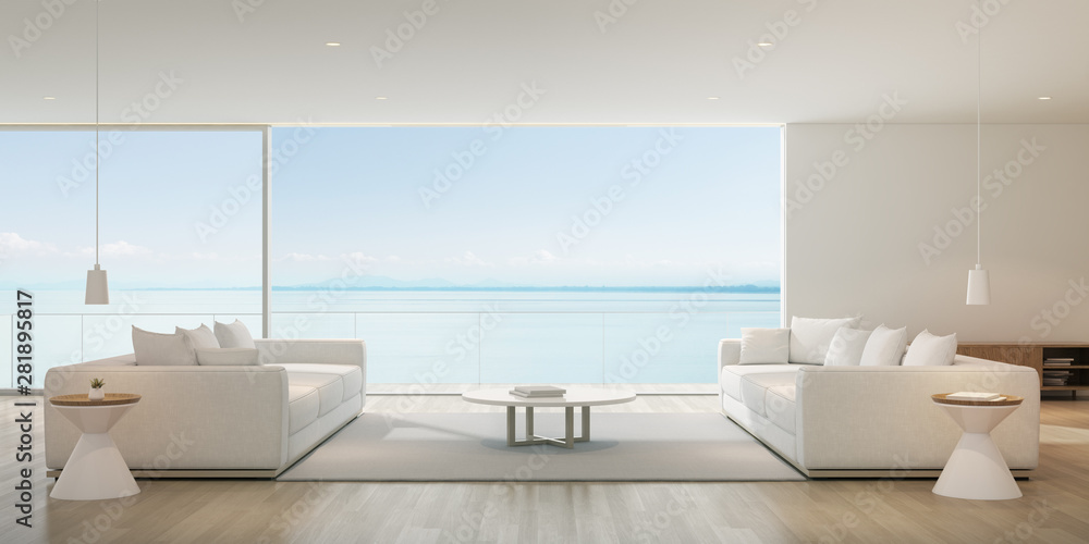 Perspective of modern luxury living room with white sofa and hanging lamp  on sea view background,Idea of family vacation - warm timber interior  design - 3D rendering. foto de Stock | Adobe Stock