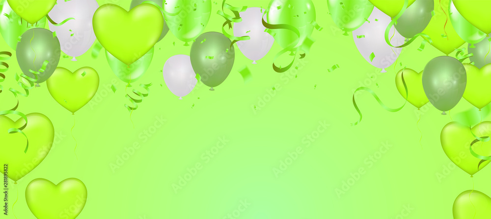 Vector happy birthday card with green balloons, party invitation. Vector happy birthday card with green balloons, party invitation.