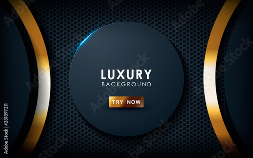 Dark abstract background with black overlap layers. Hexagon texture with golden effect element decoration. Luxury design concept.