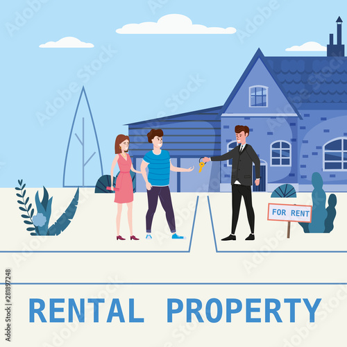 Real estate concept. House rent service. Modern family characters rent new house or big appartment