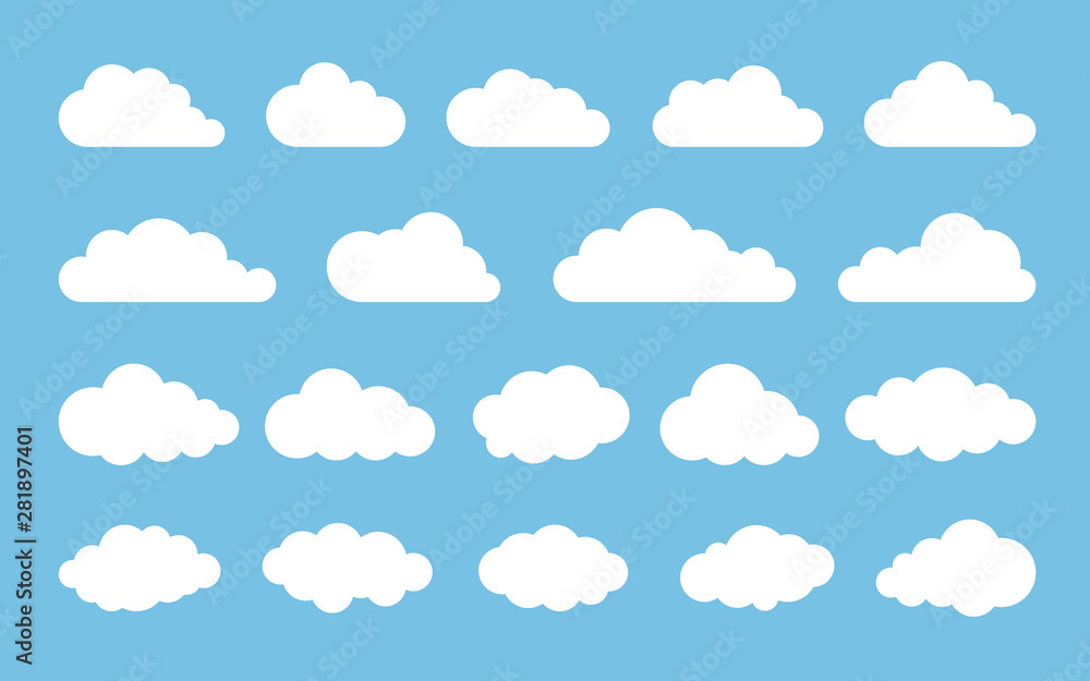 Naklejka Chmura. Abstrakcjonistyczny biały chmurny set odizolowywający na błękitnym tle. Ilustracji wektorowych