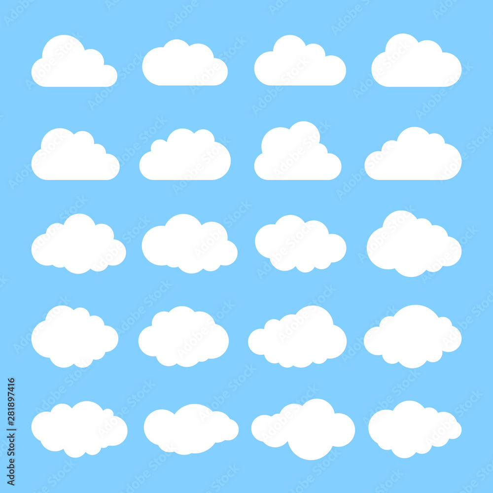 Cloud. Abstract white cloudy set isolated on blue background. Vector illustration