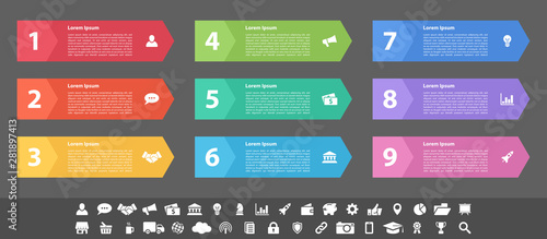 Infographic design business concept vector illustration with 9 steps or options or processes represent work flow or diagram or web button banner