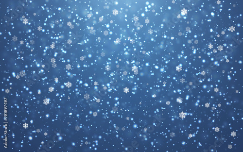 Christmas snow. Falling snowflakes on blue background. Snowfall. Vector illustration