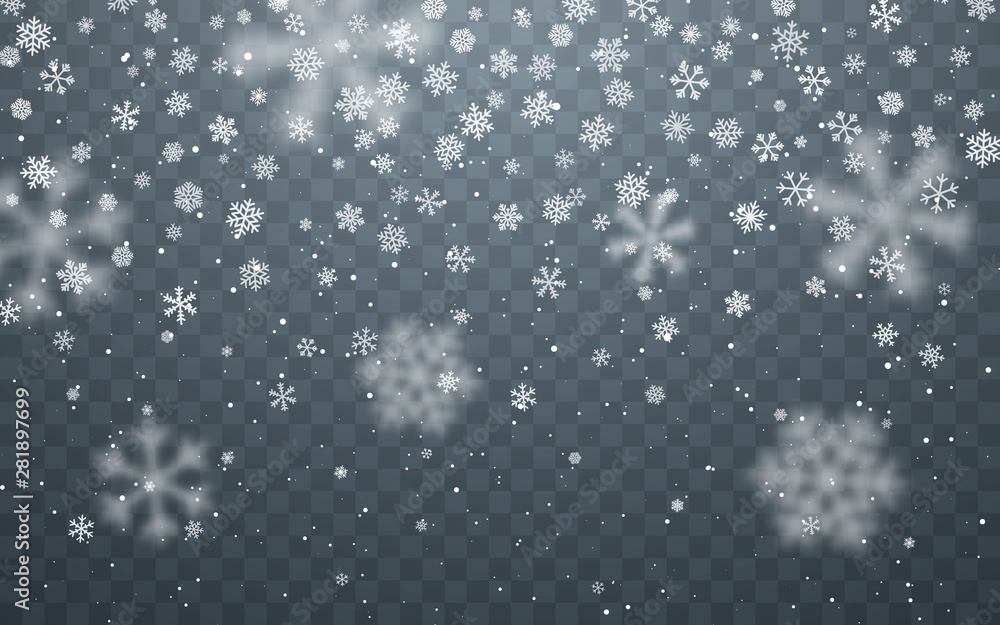 Christmas snow. Falling snowflakes on dark background. Snowfall. Vector illustration