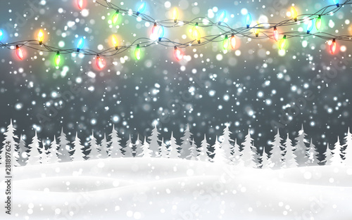 Christmas, snowy night woodland landscape with falling snow, firs, light garland, snowflakes for winter and new year holidays. Xmas winter background