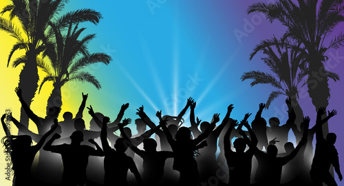 Dancing people on summer beach party silhouette. Vector illustration