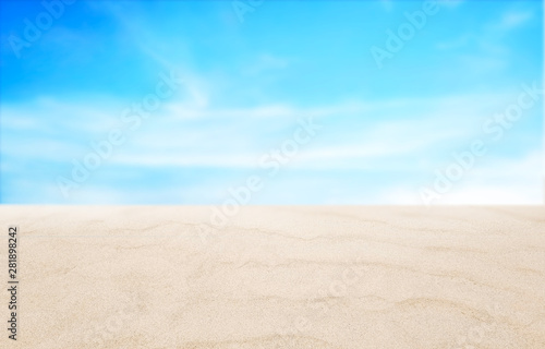 Empty beach and sky background in summer with copy space. Travel and vacation concept. Background use for advertising design, product, cosmetic, beauty, food and drink. Selective focus