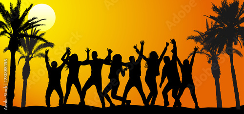 Dancing crowd of people at beach party at sunrise. Vector illustration