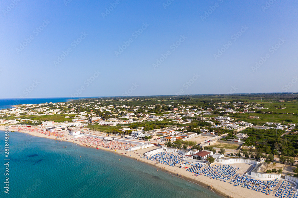 Obraz premium Aerial view, public beach by the sea, Spiaggiabella Beach,, Torre Rinalda, Lecce, Apulia, Italy
