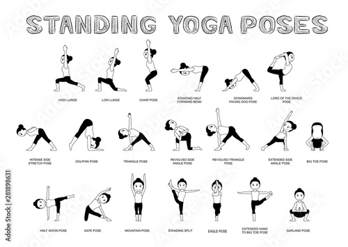 Yoga Standing Poses Vector Illustration Monochrome