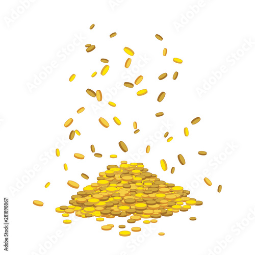 Golden abundant money rain. A lot of coins falling down on mountain. Hill with drop gold cash. Vector dollar mount isolated on transparent background. For lottery winning, business success concept.