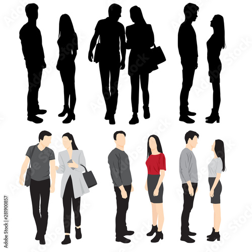 Silhouettes of men and women standing, cartoon character, group business people, vector illustration, flat designe icon, isolated on white background