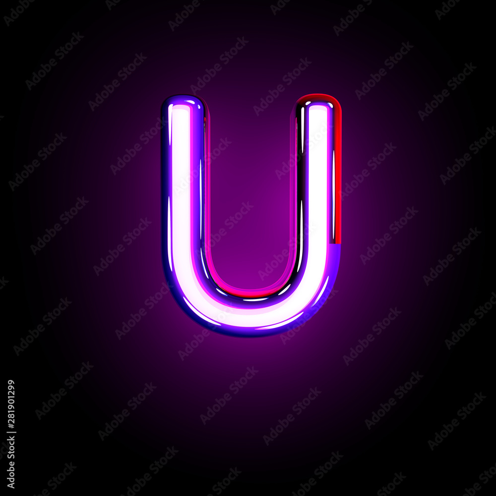 Purple glow neon font - letter U isolated on black background, 3D illustration of symbols Purple glow neon font - letter U isolated on black background, 3D illustration of symbols
