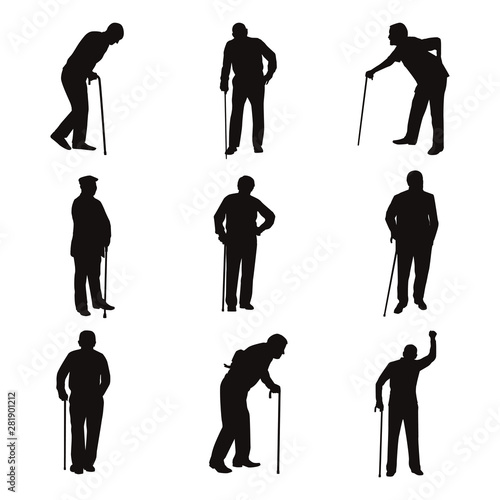 Old Man Holding Stick Silhouettes